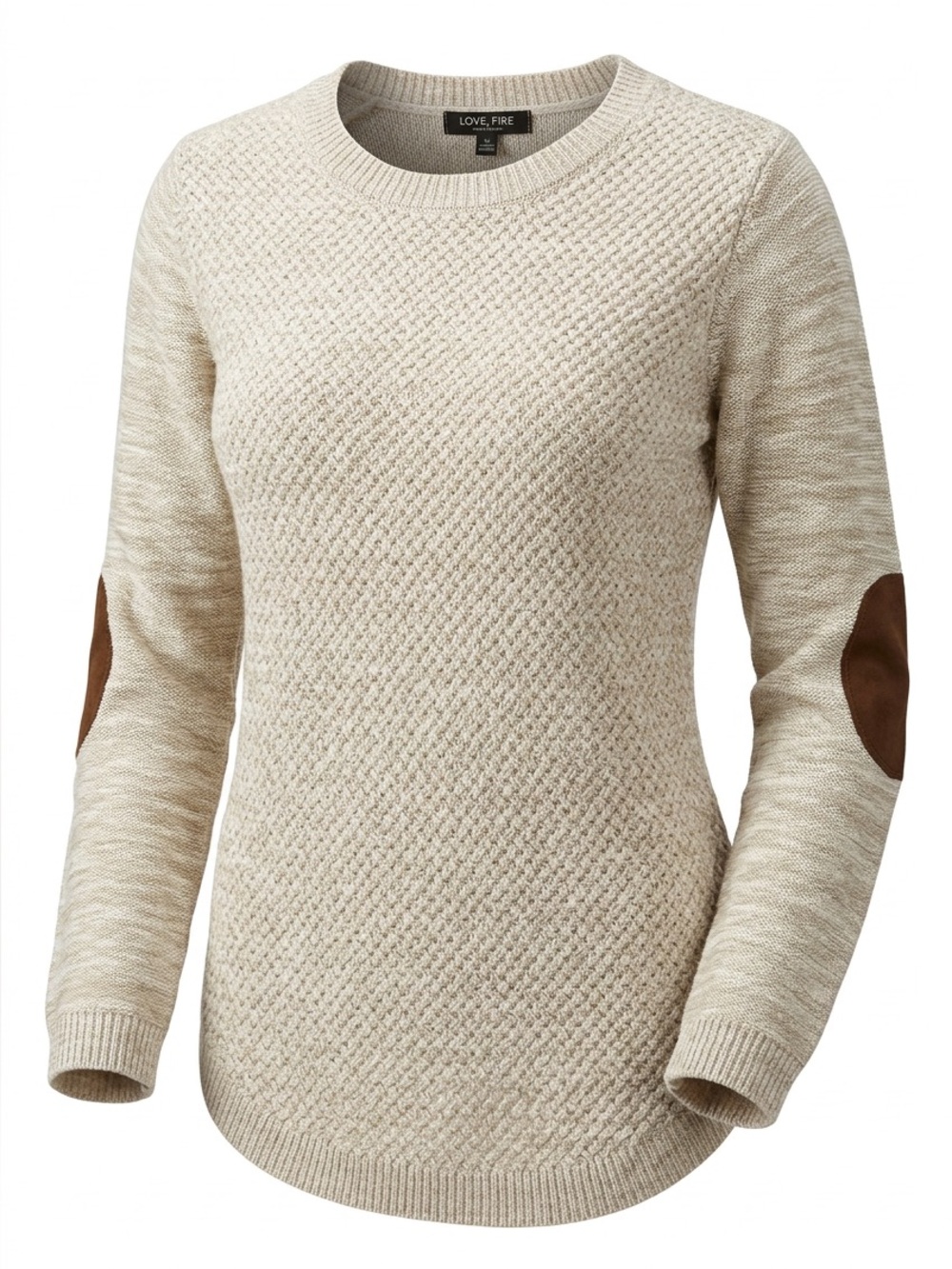 Cream Textured Crewneck Sweater with Tan Elbow Patches